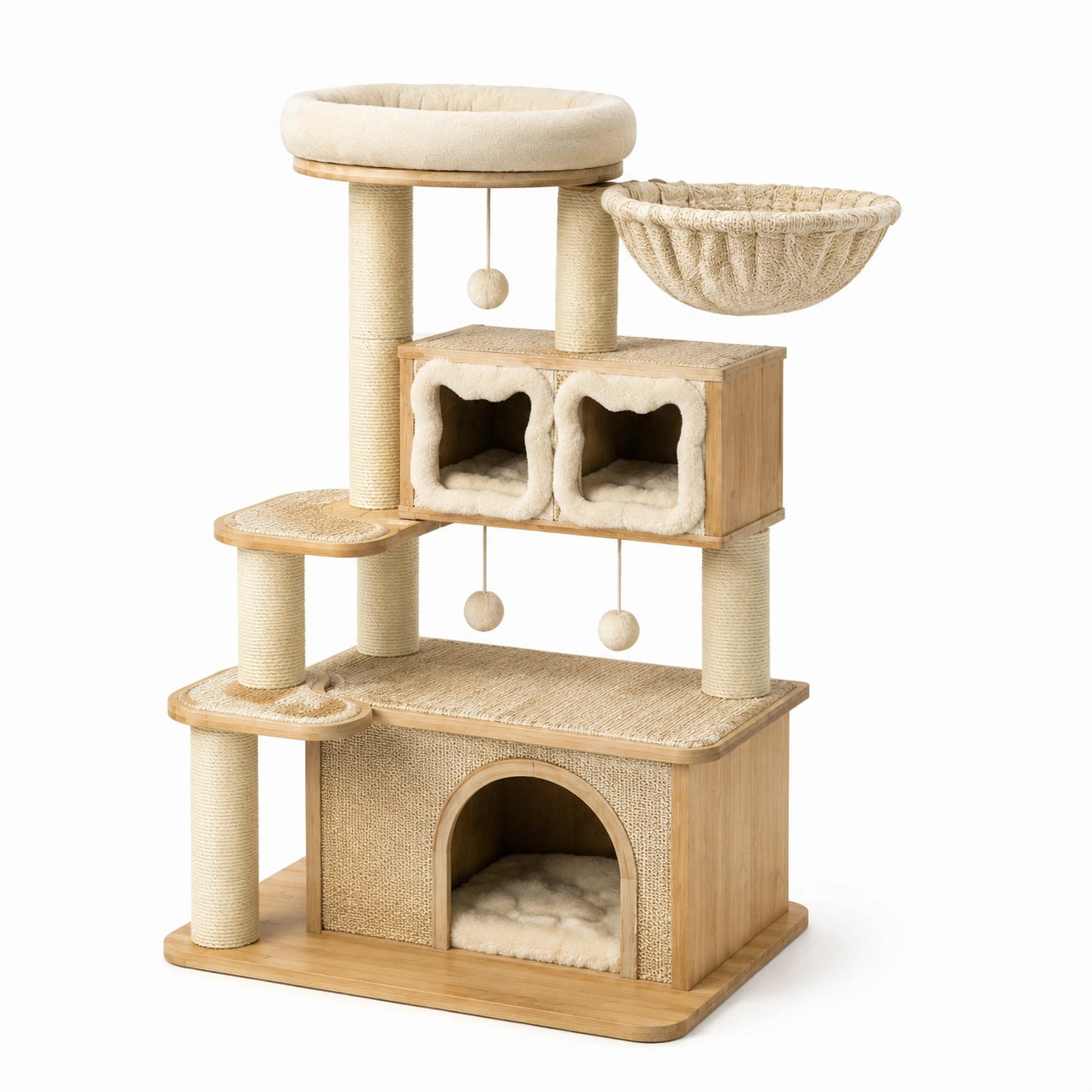 Arbre à chat en bois avec niches et hamac Beige 60x40x130 cm