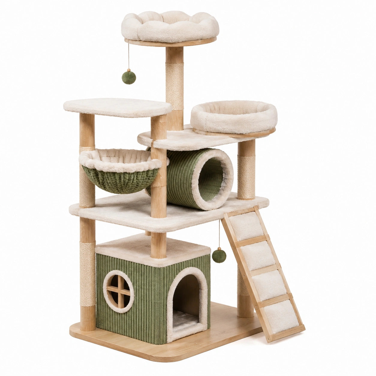 Arbre à chat en bois avec sisal et tissu vert/beige 60x40x120 cm