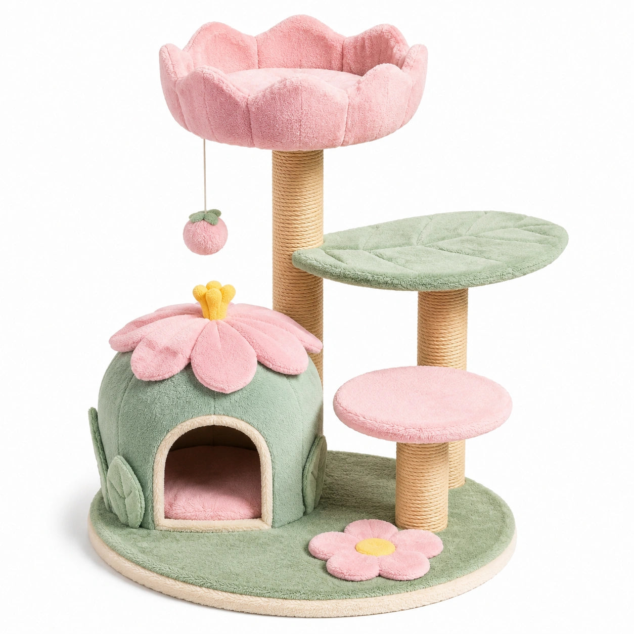 Arbre à chat en bois avec plateformes en sisal, 60cm x 40cm x 80cm, rose et vert