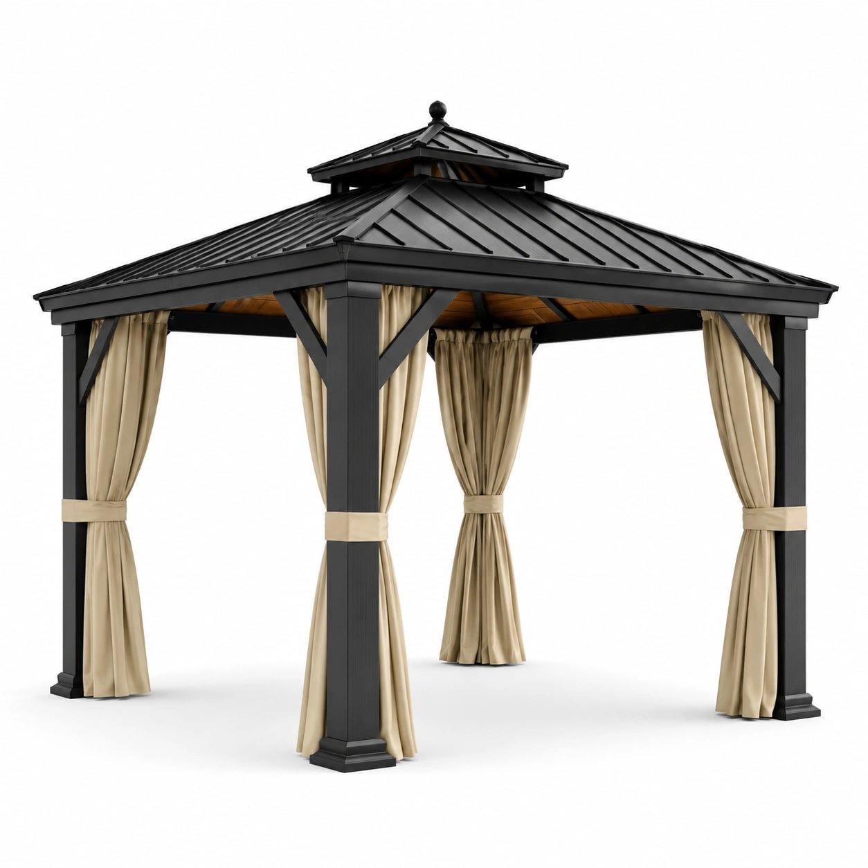 Pavillon en métal noir avec rideaux en polyester beige 300x300 cm