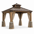 Pavillon de jardin en bois et métal brun avec rideaux en polyester