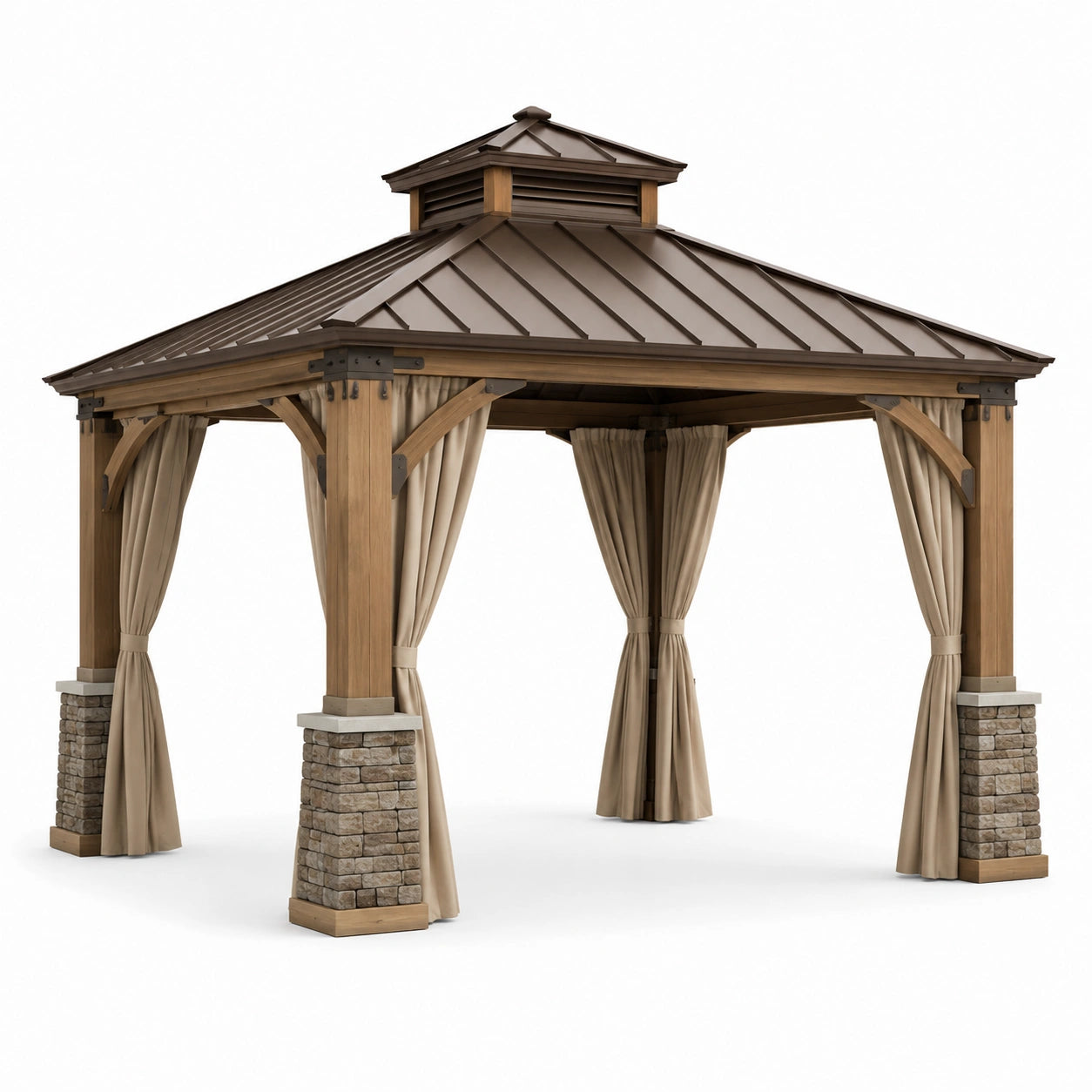 Pavillon de jardin en bois et métal brun avec rideaux en polyester