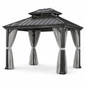 Pavillon en aluminium avec toit en acier et rideaux en polyester