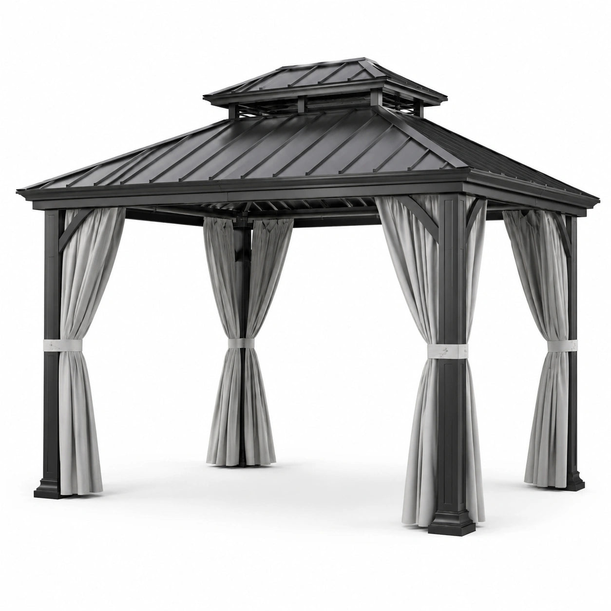 Pavillon en aluminium avec toit en acier et rideaux en polyester