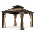 Pavillon en aluminium et acier marron avec rideaux beiges