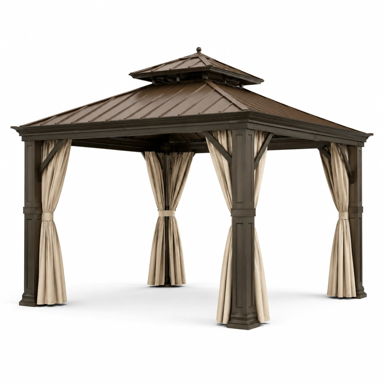 Pavillon en aluminium et acier marron avec rideaux beiges