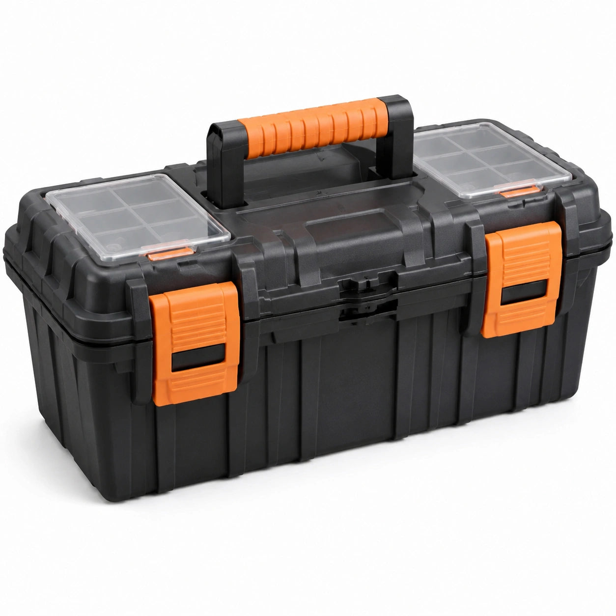 Boîte à outils noire en plastique avec poignées orange 40x20x20 cm