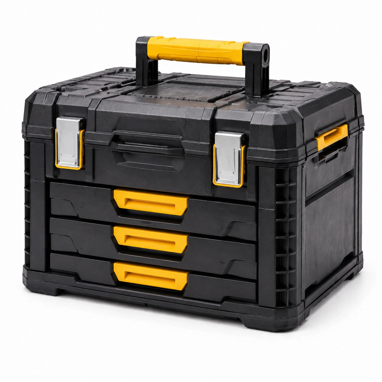 Boîte à outils en plastique avec tiroirs noir et jaune