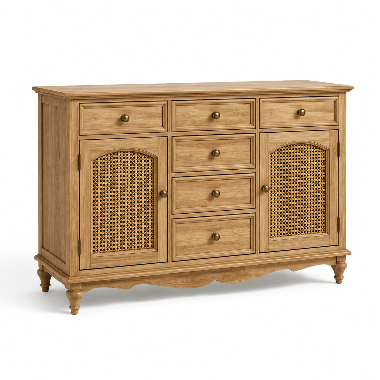 Buffet en chêne avec portes en rotin et 7 tiroirs 140x45x90 cm