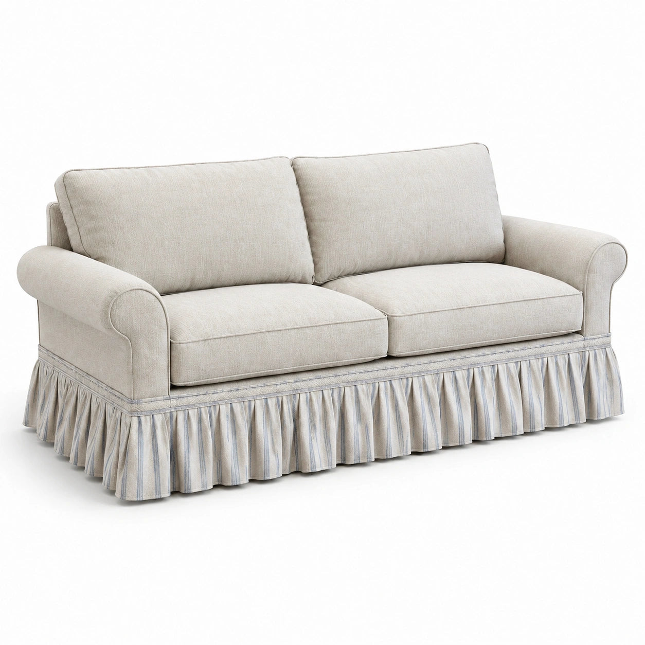 Canapé trois places en lin beige avec jupe plissée 210 cm