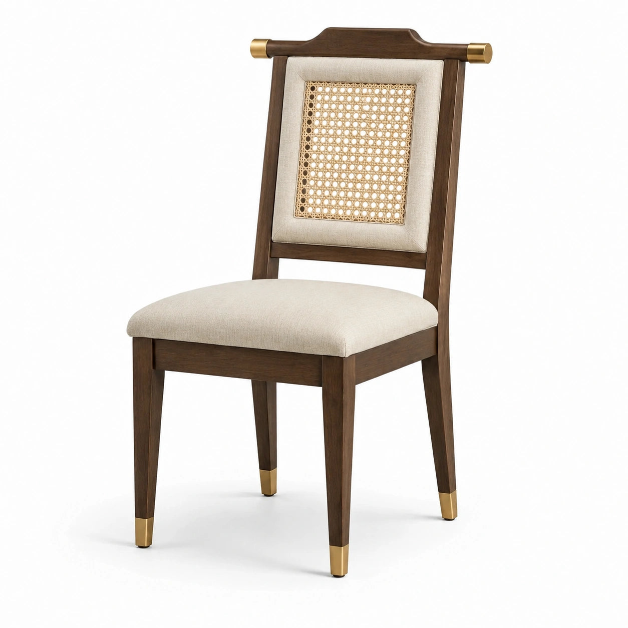 Chaise de salle à manger en bois avec rotin et tissu beige