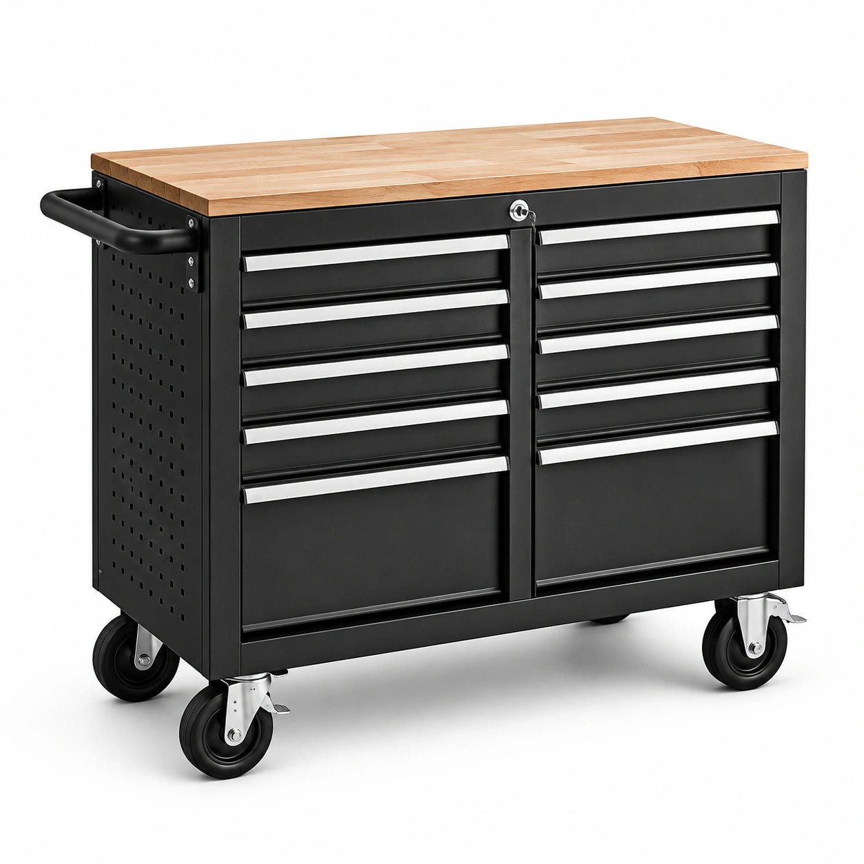 Chariot à outils en métal noir avec plateau en bois