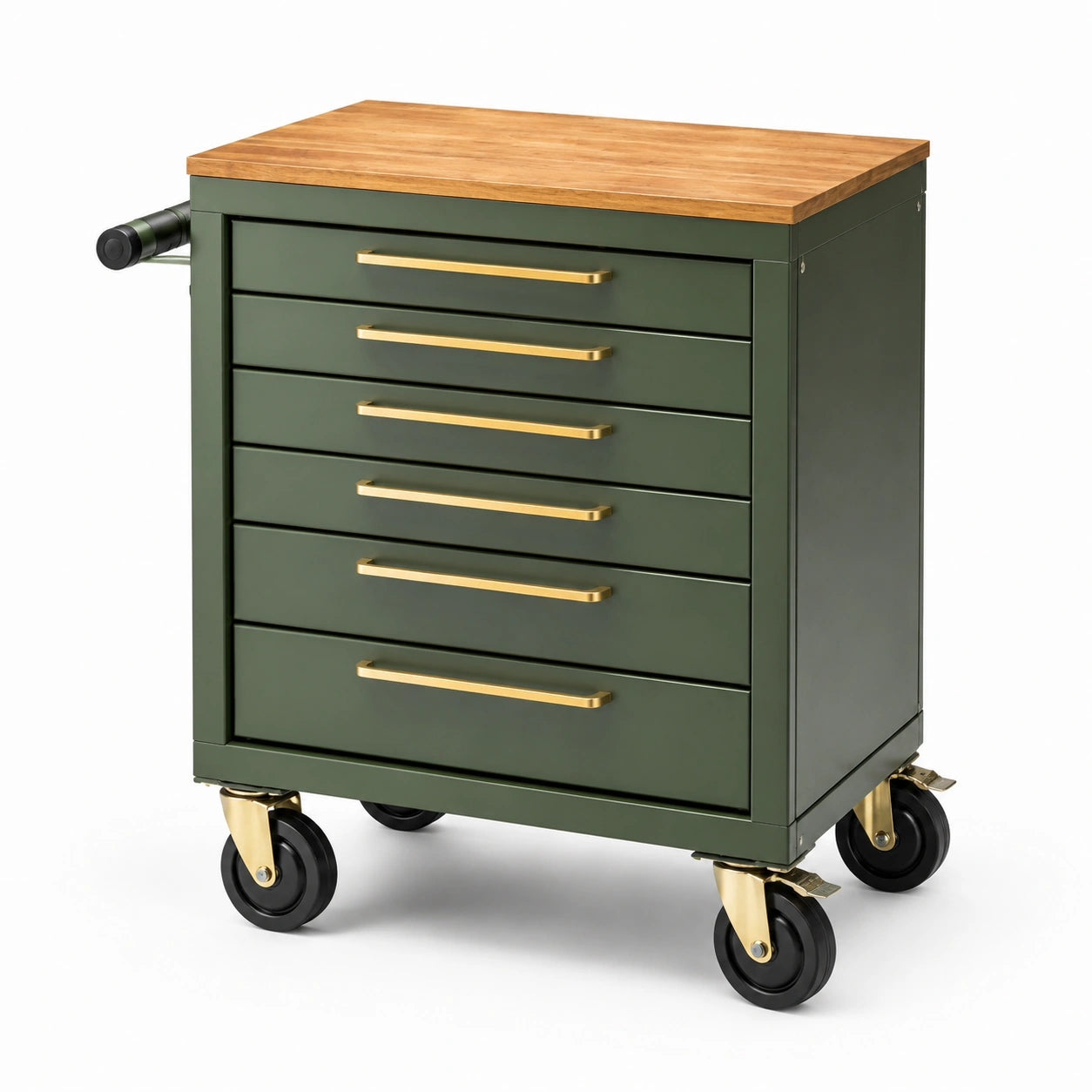 Chariot à outils métallique vert avec plateau en chêne 70x45x90cm