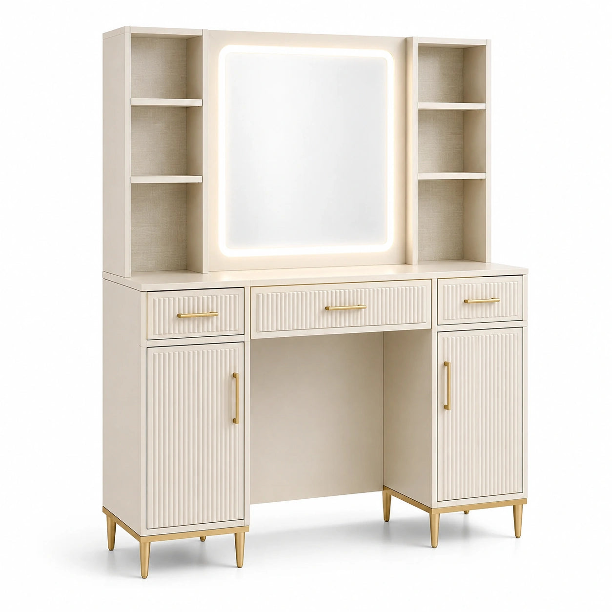 Coiffeuse en bois composite et métal avec miroir LED éclairé beige