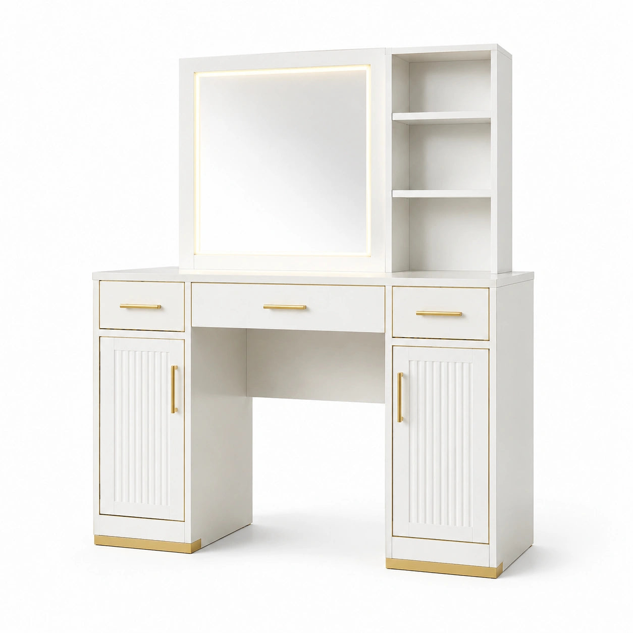 Coiffeuse en bois MDF blanc avec miroir LED et étagères
