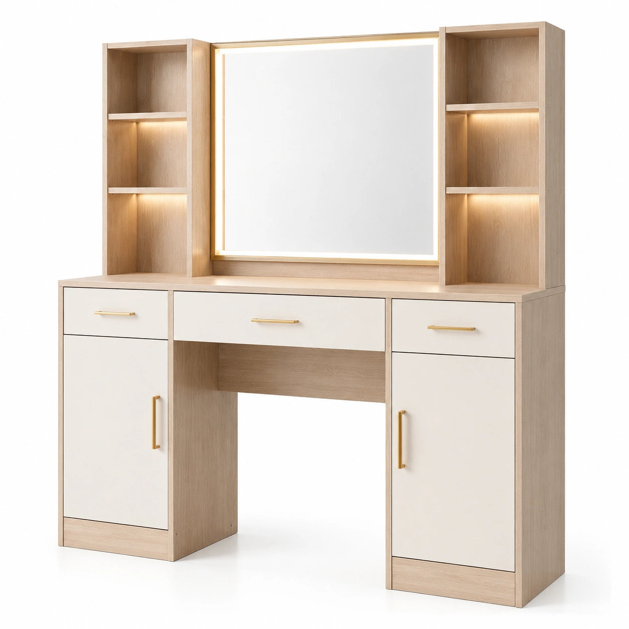 Coiffeuse en bois et métal avec miroir LED