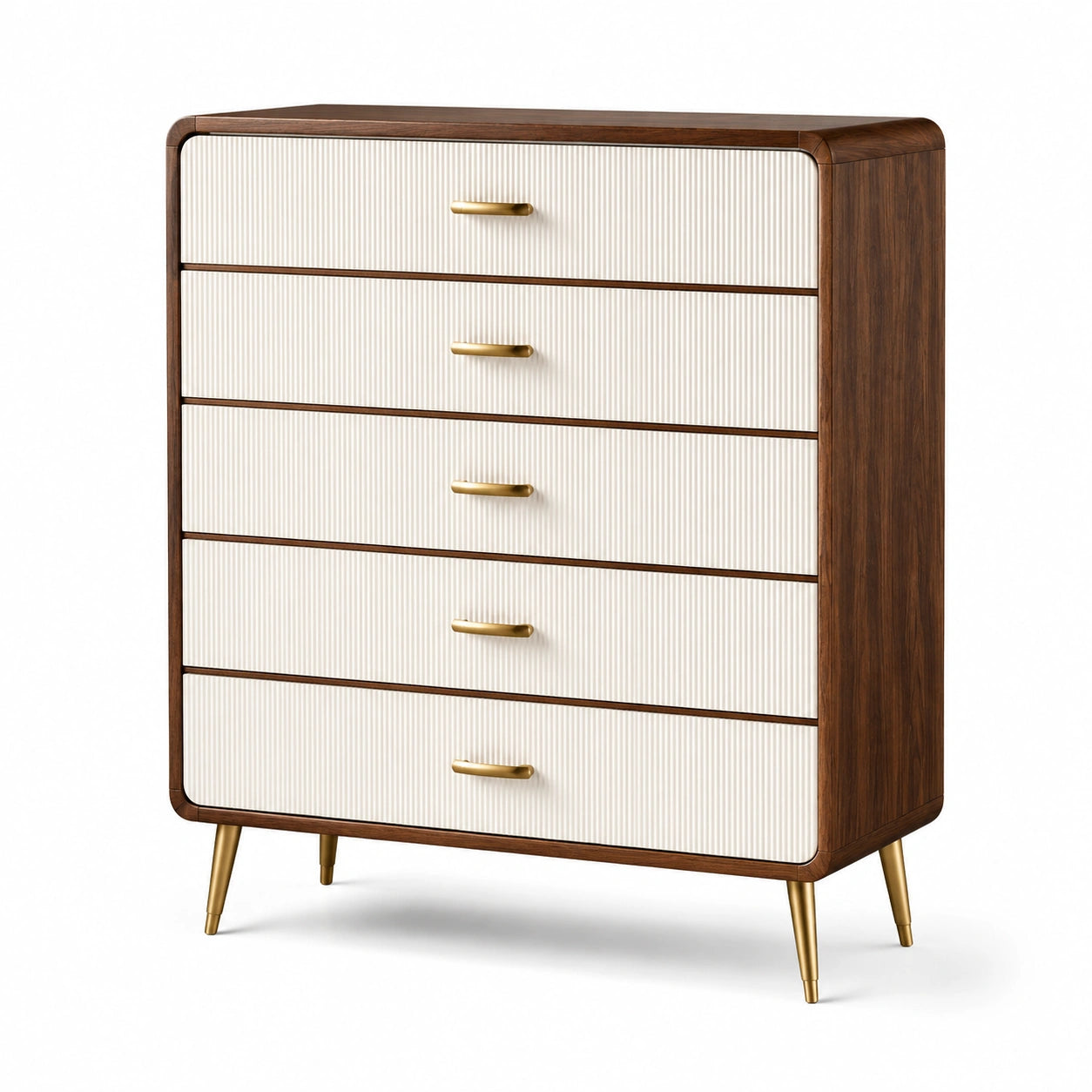 Commode en bois de noyer et MDF avec 5 tiroirs, blanc et noyer