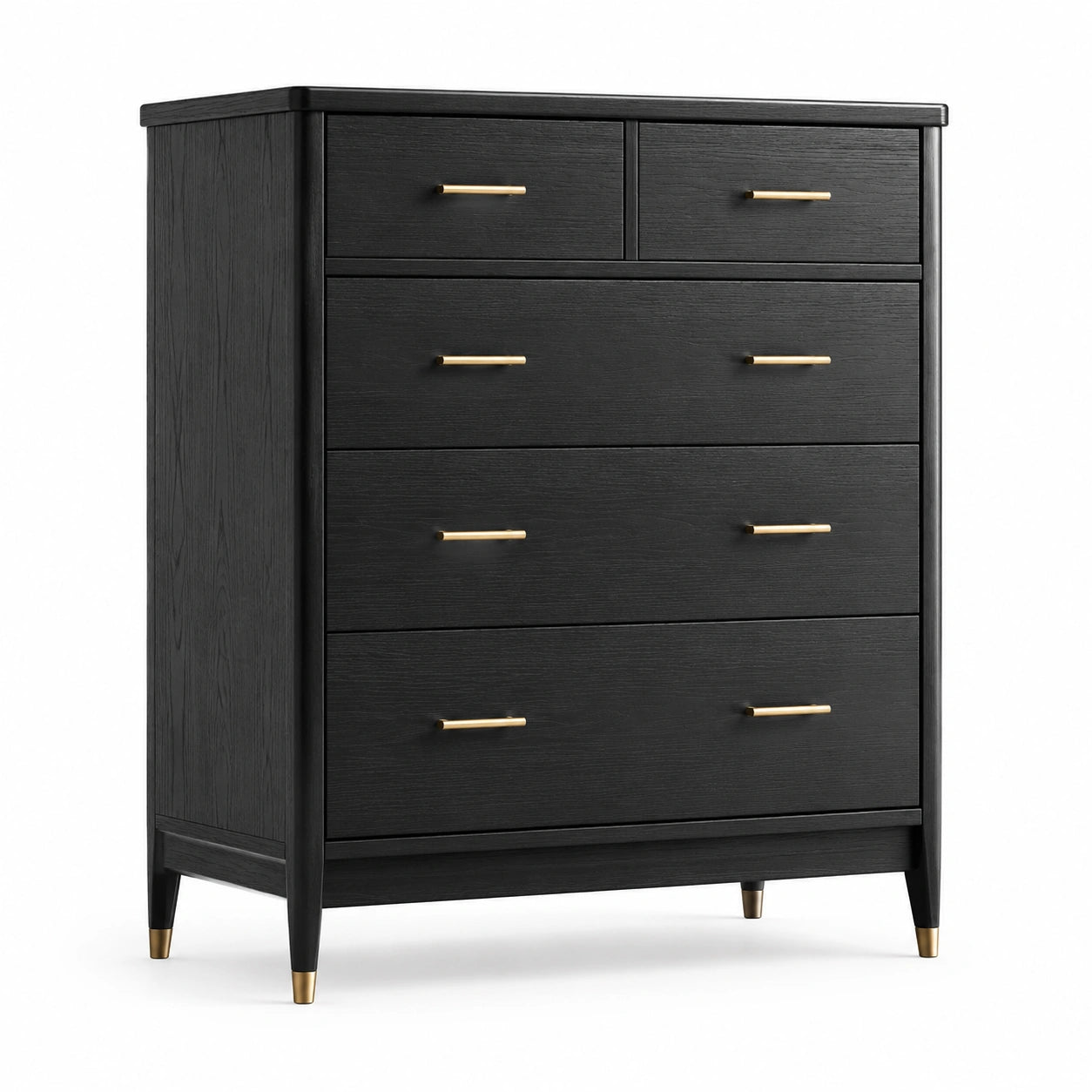 Commode en bois noir avec poignées en métal doré, 5 tiroirs