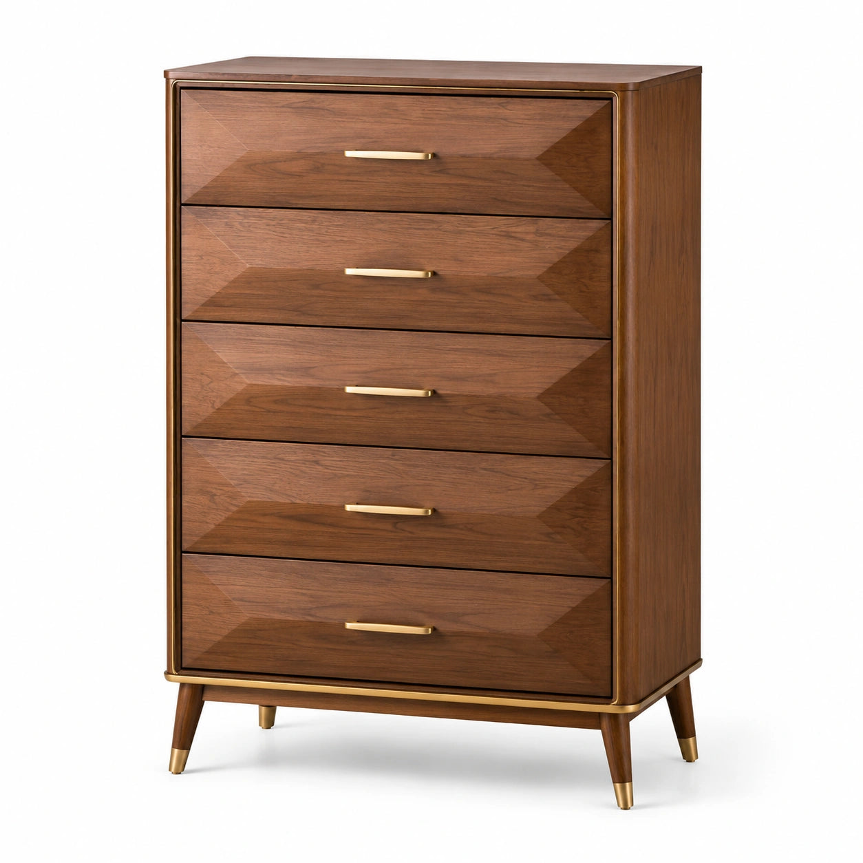 Commode en bois de noyer avec poignées métalliques, 5 tiroirs