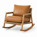 Chaise berçante en cuir synthétique marron avec cadre en bois et cordes de fibre naturelle