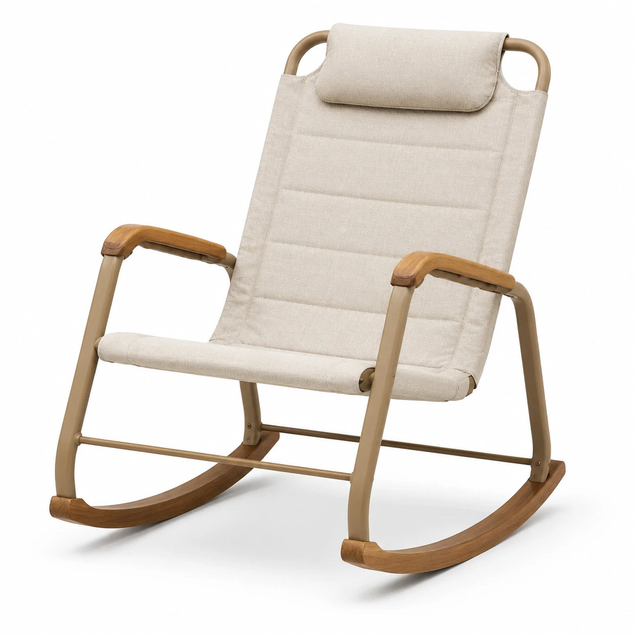 Chaise berçante en tissu polyester beige avec cadre métal et accoudoirs en bois