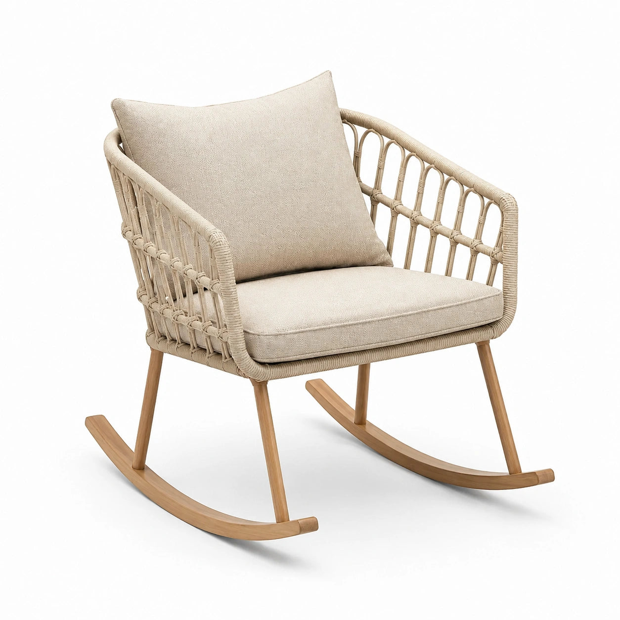 Chaise berçante en bois et rotin avec coussins en polyester beige